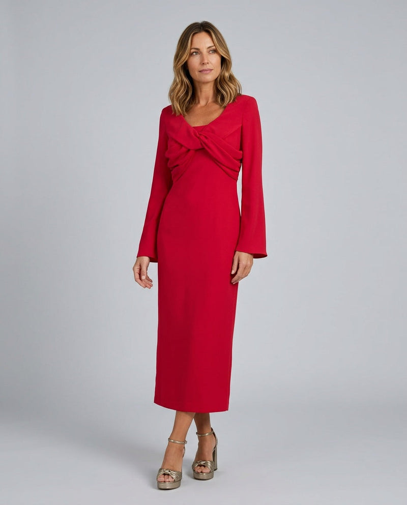 Celeste | Long Sleeve Crossover Front Knot Midi Dress