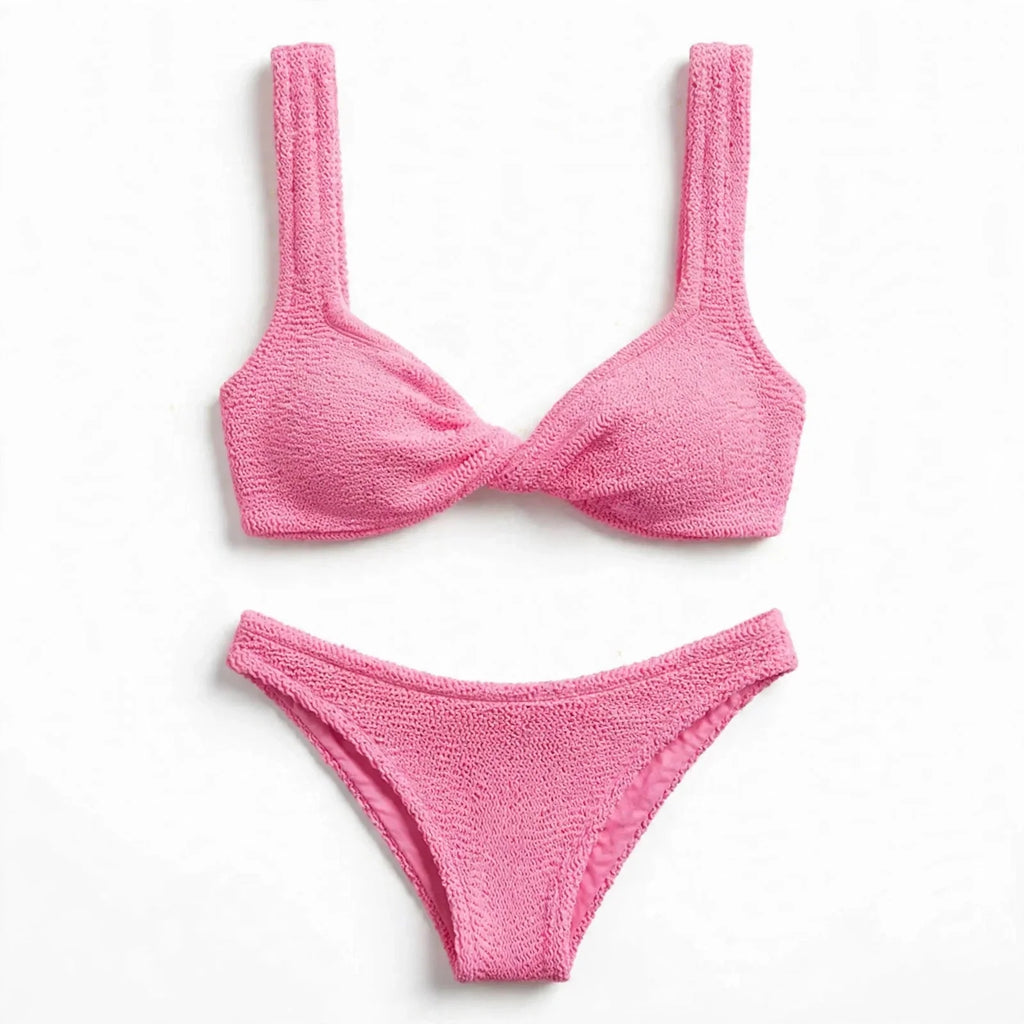 Pink Twist Front Textured Bikini Set For Women