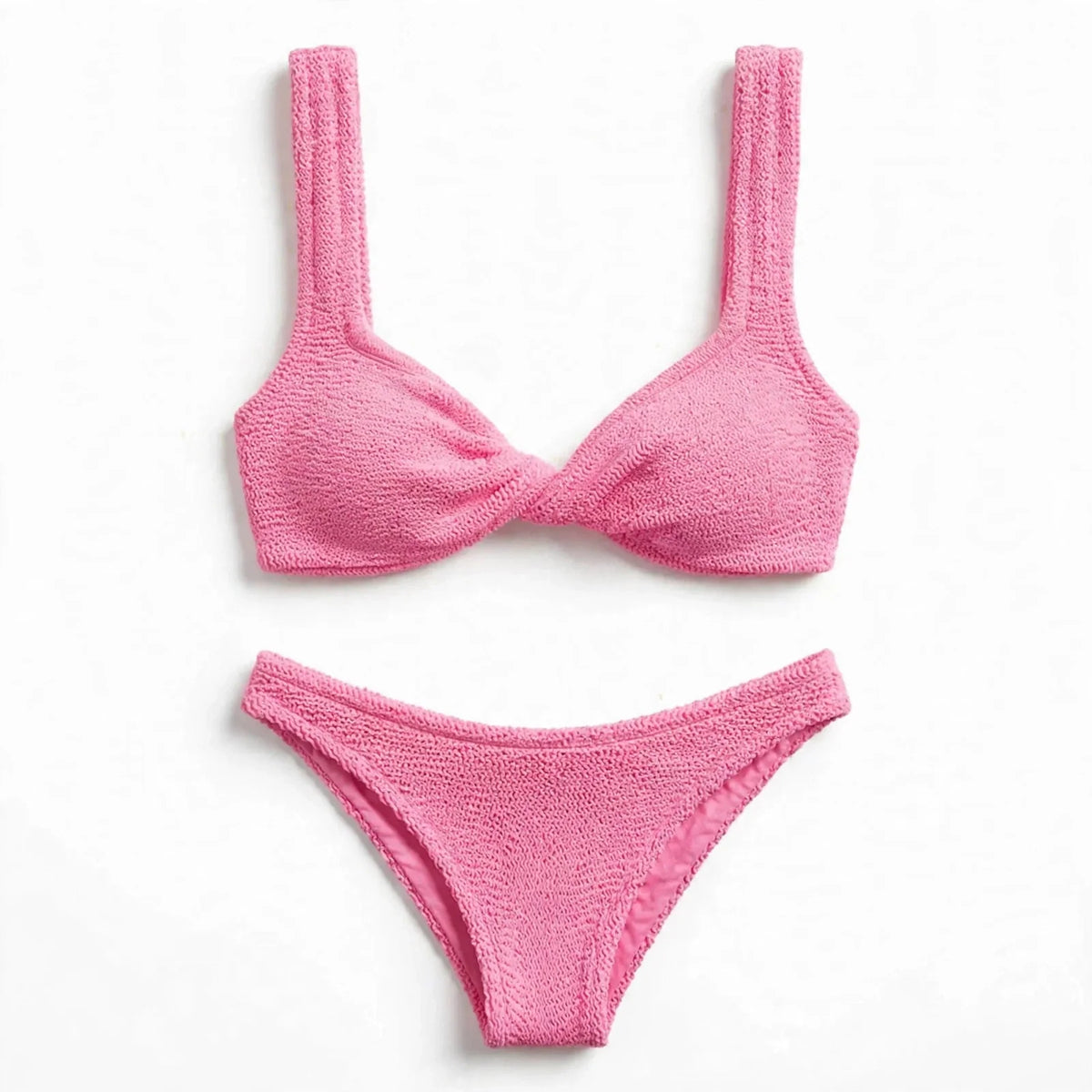 Pink Twist Front Textured Bikini Set For Women