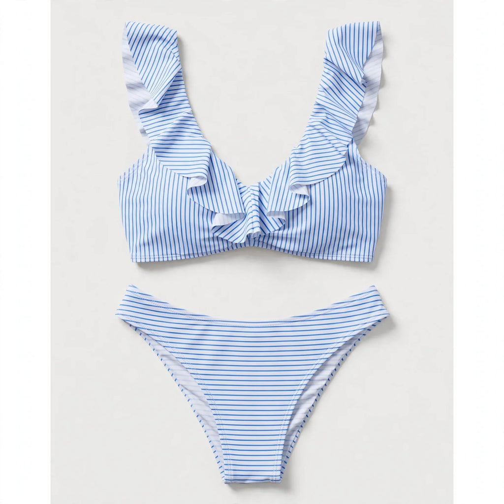 Blue Stripe Ruffle Bikini Set For Women
