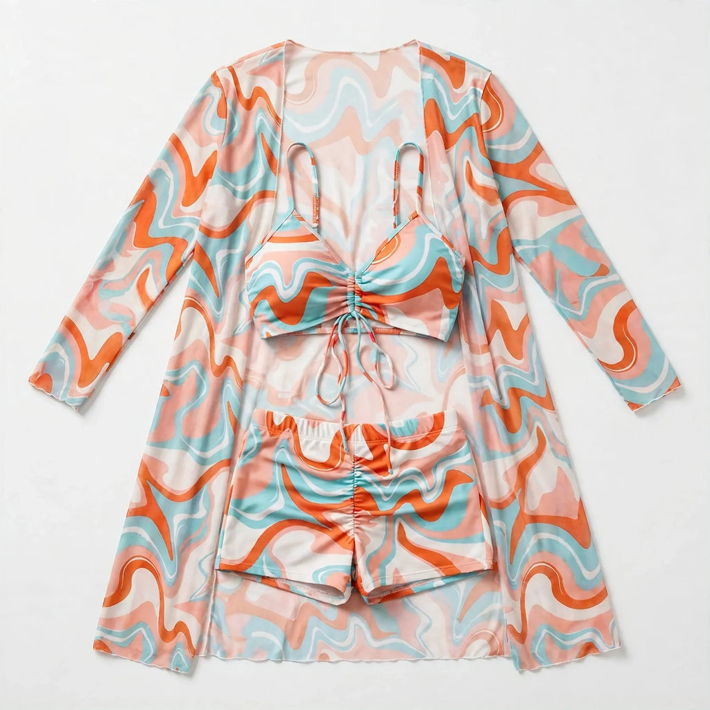 Swirl Print Bikini Set With Cover-Up For Women