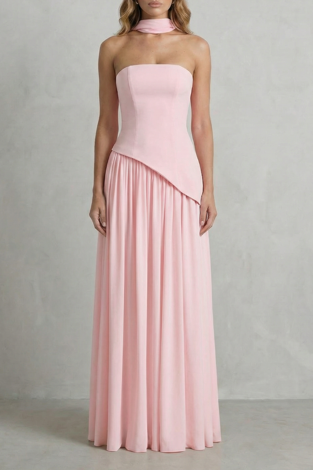 Sculpted Draped Slit Strapless Maxi Dress