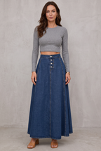 Women's Denim A-Line Skirt with Button Closure