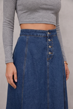 Women's Denim A-Line Skirt with Button Closure