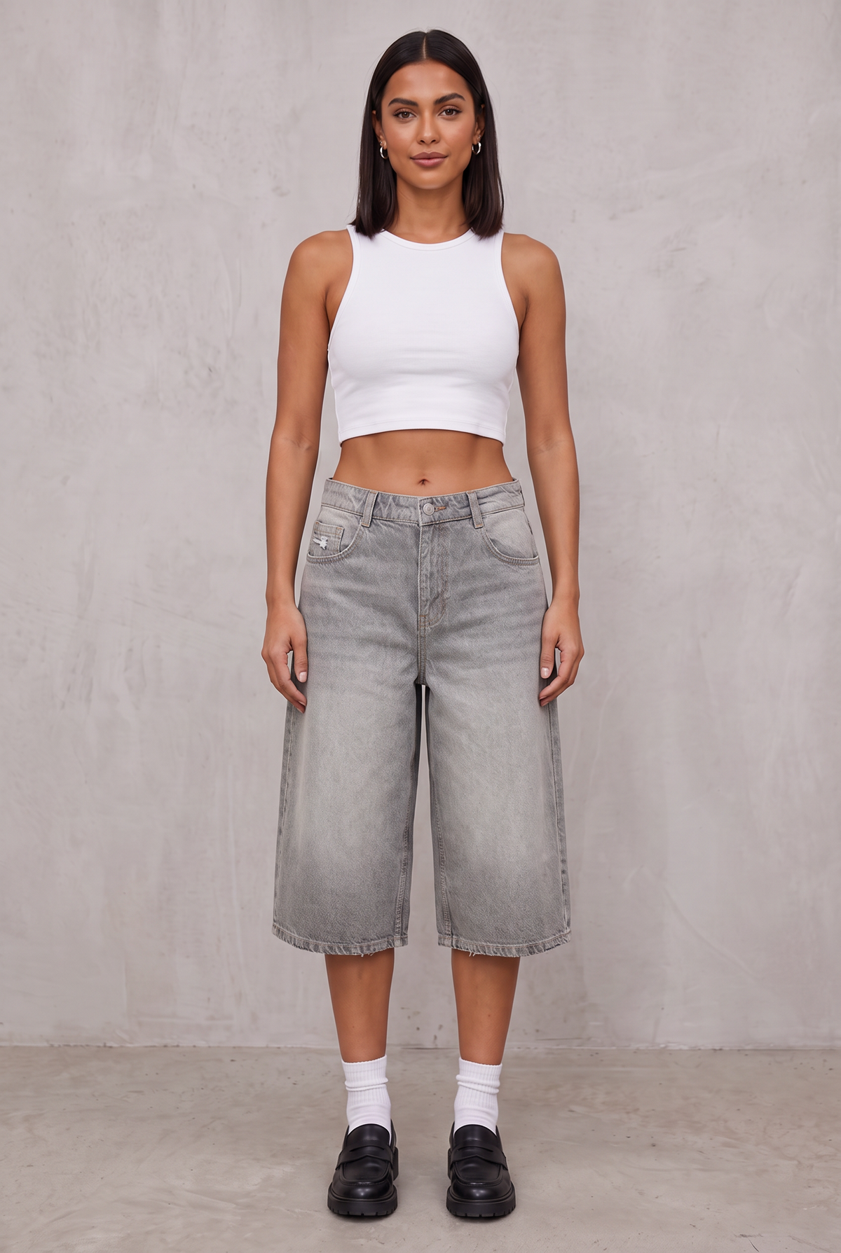 Wide Leg Cropped Denim - Gray
