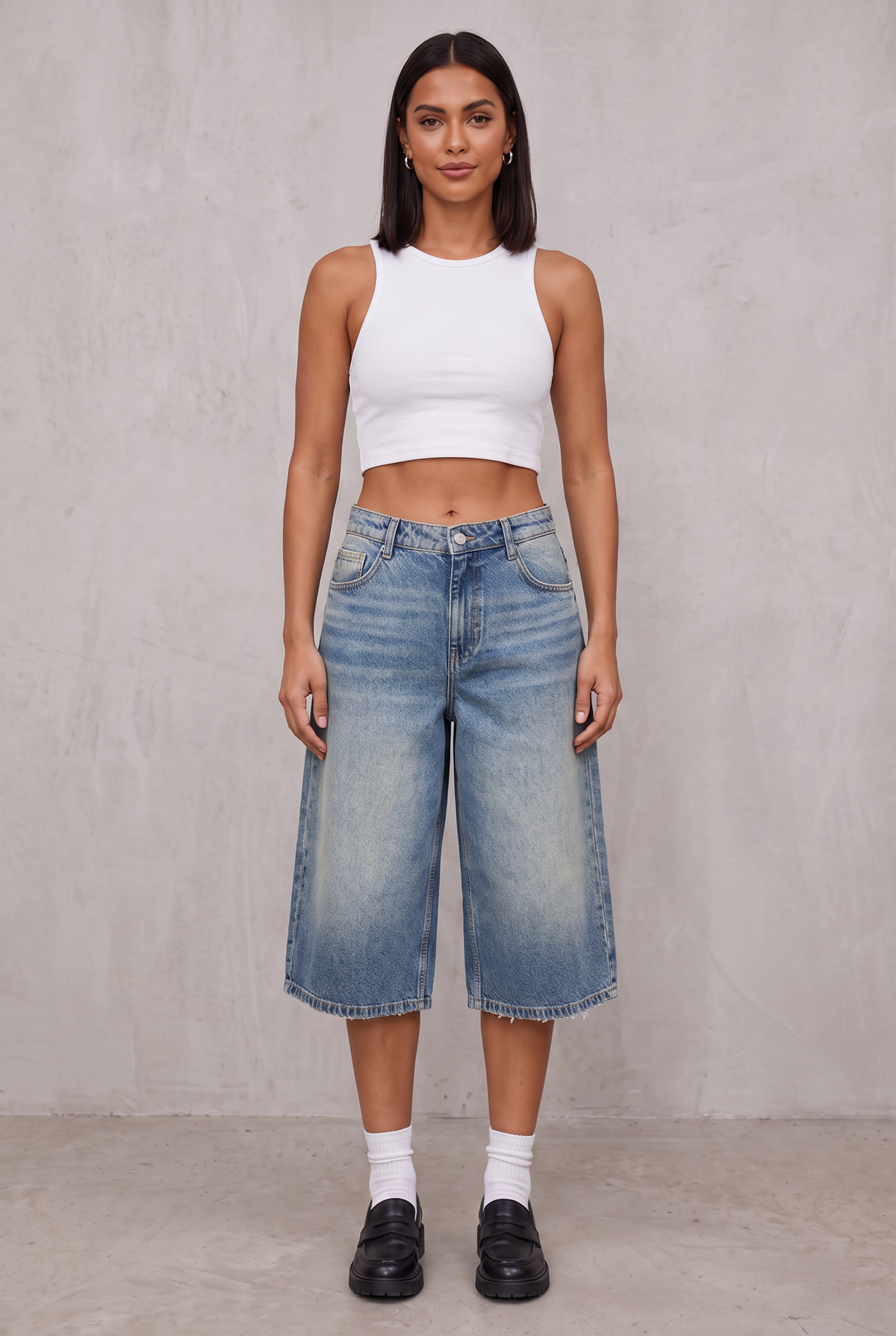 Wide Leg Cropped Denim - Blue