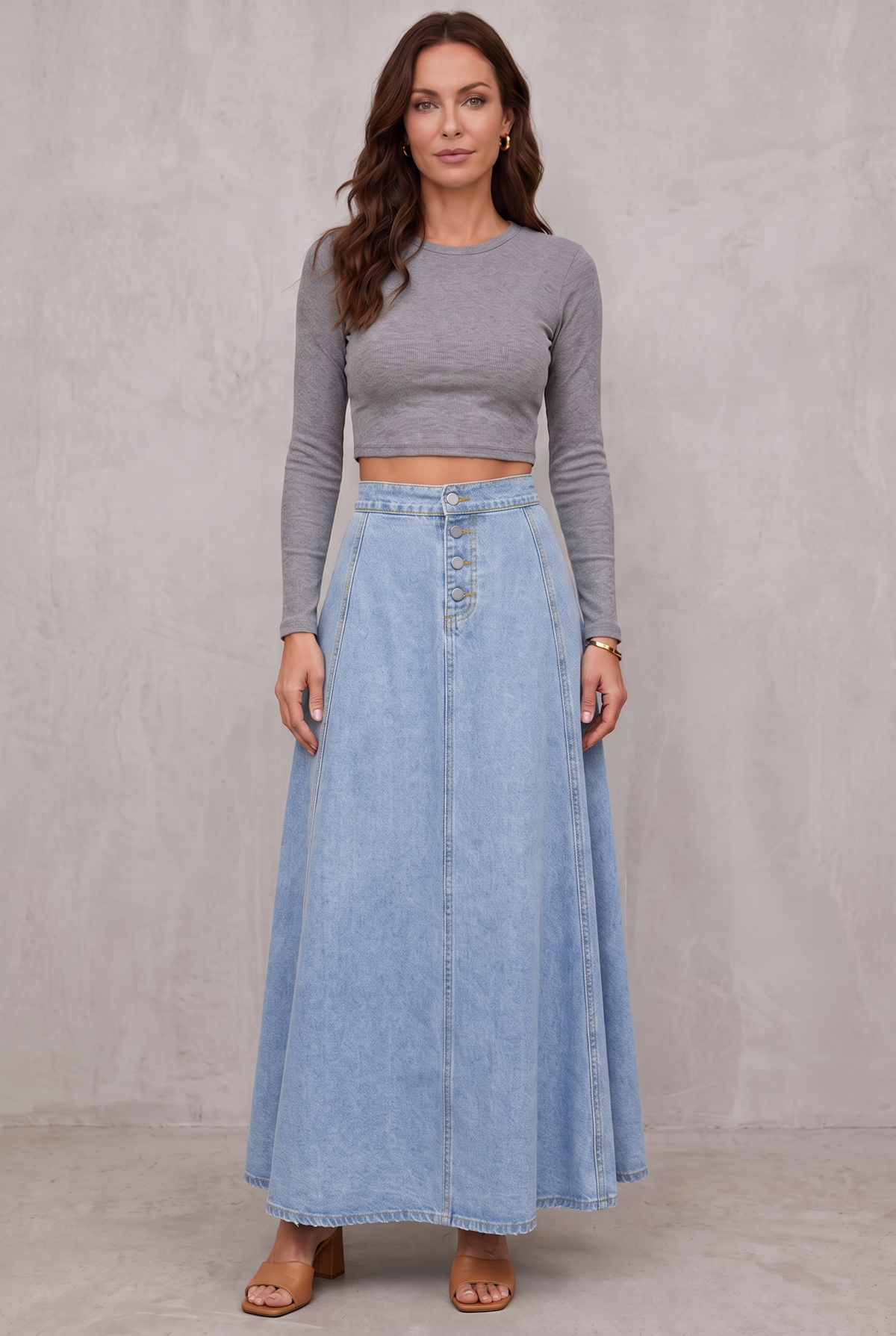 Women's Denim A-Line Skirt with Button Closure - Light Blue