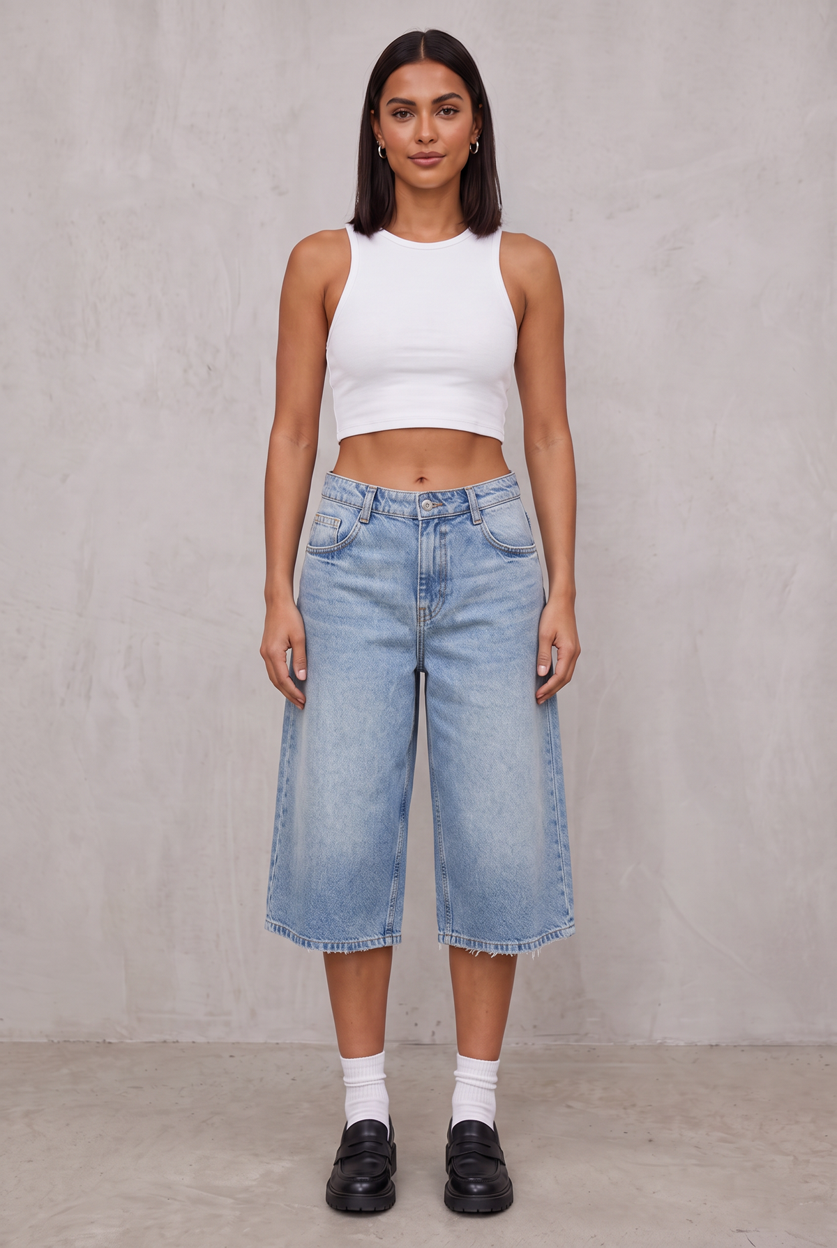 Wide Leg Cropped Denim - Light Blue