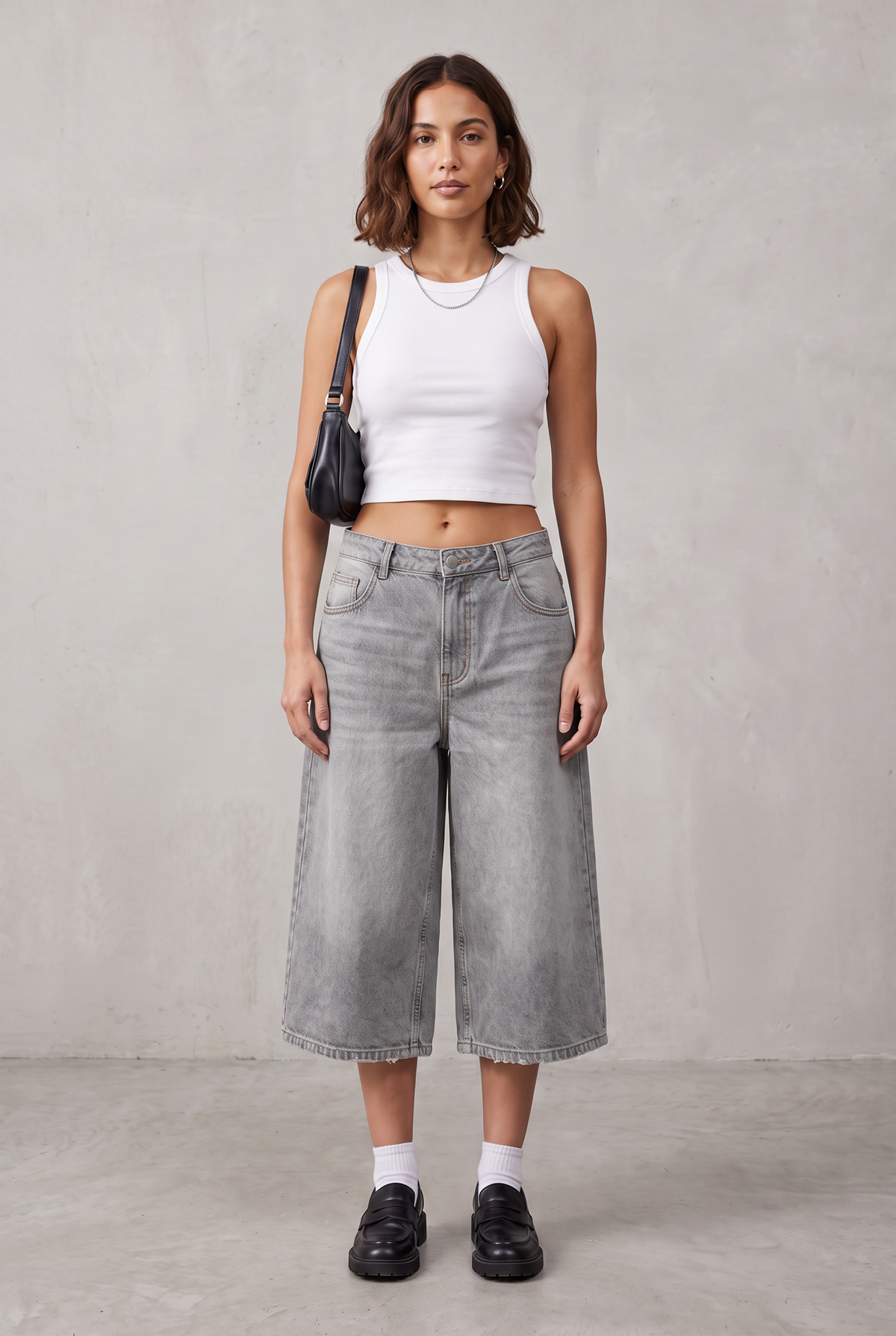 Wide Leg Cropped Denim Culotte - Gray
