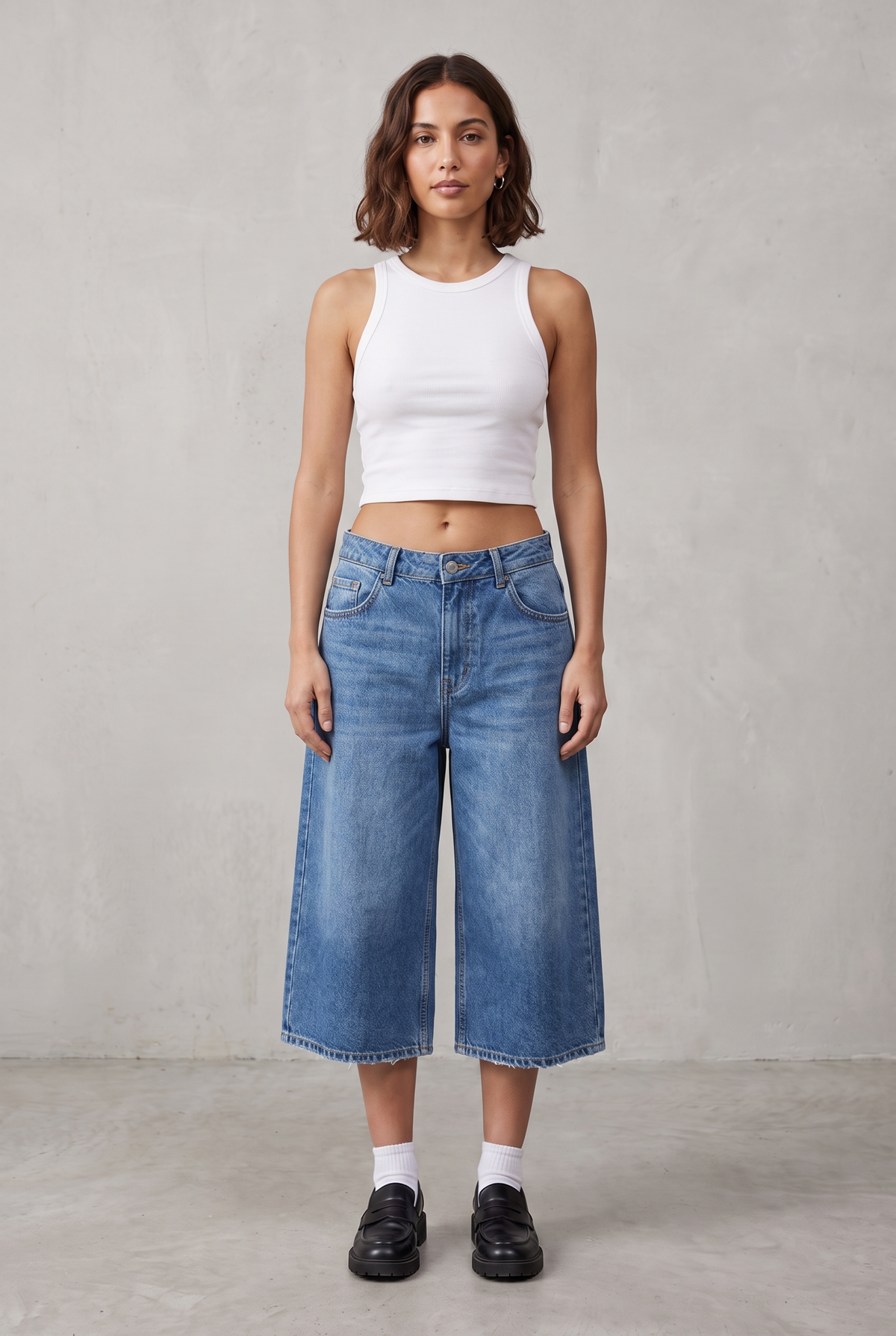 Wide Leg Cropped Denim Culotte - Blue