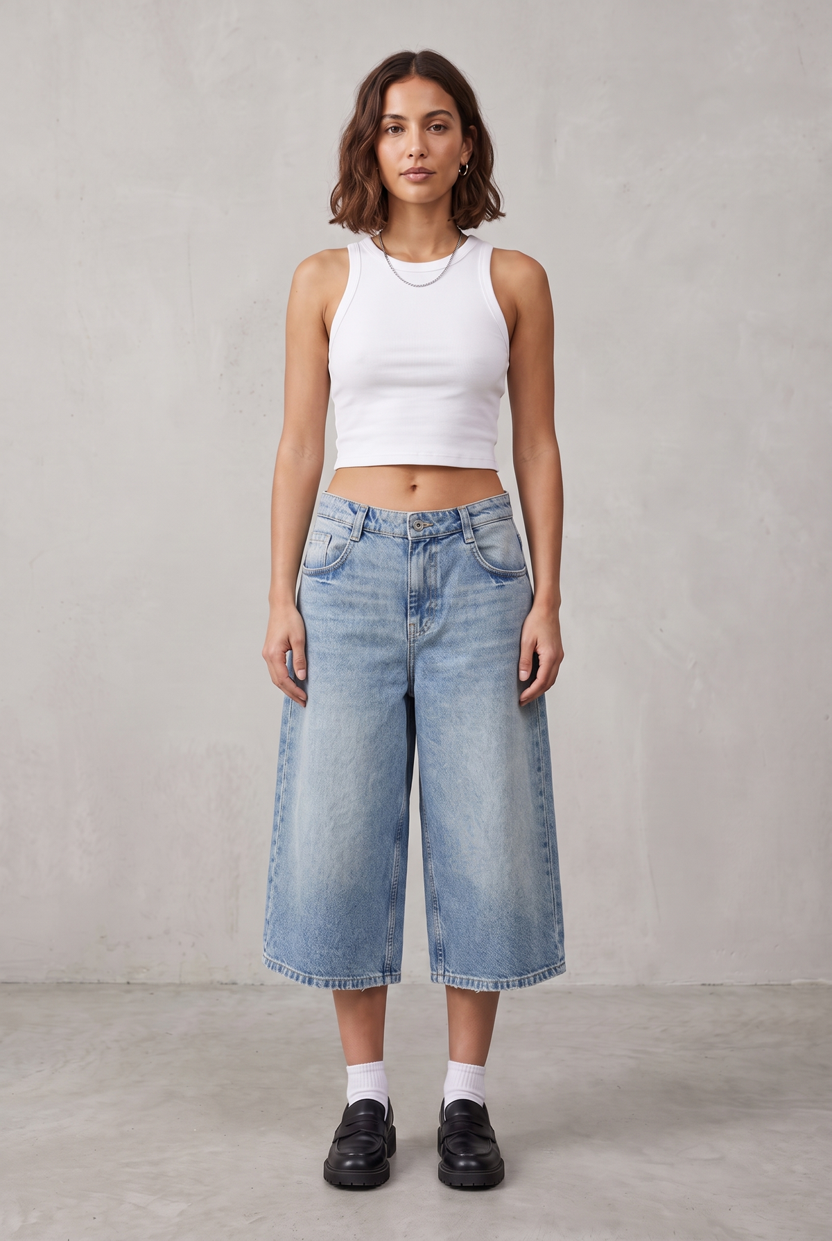 Wide Leg Cropped Denim Culotte - Light Blue