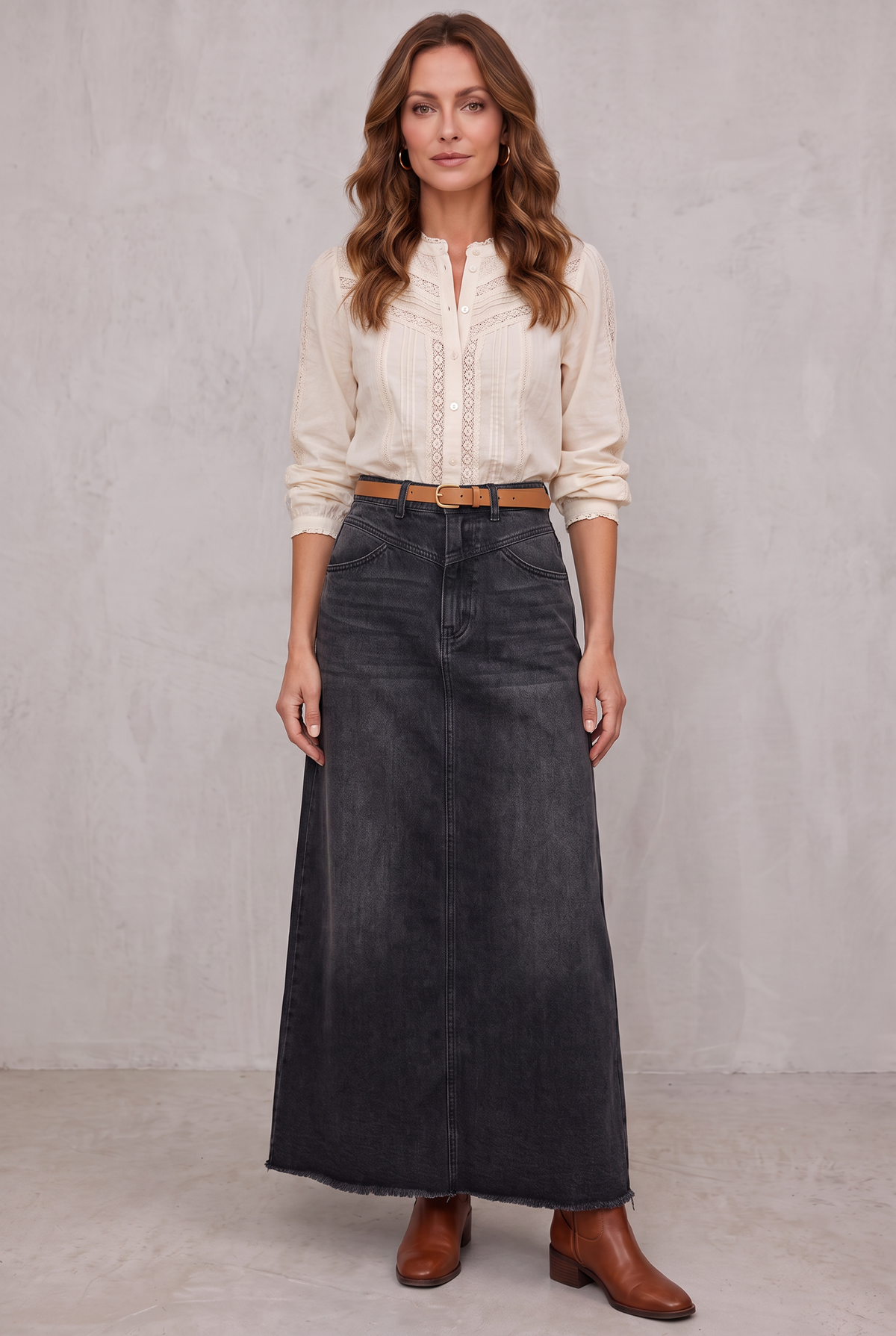 High Waist Straight Fit Denim Skirt - Black