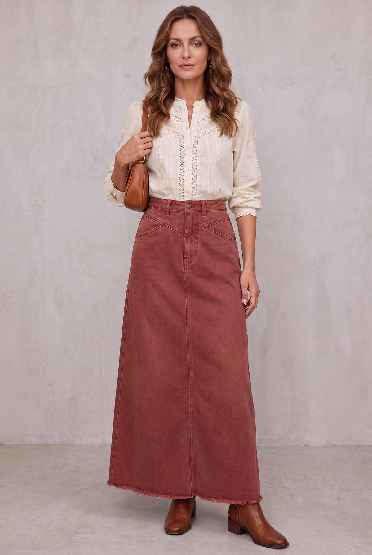 High Waist Straight Fit Denim Skirt - Red