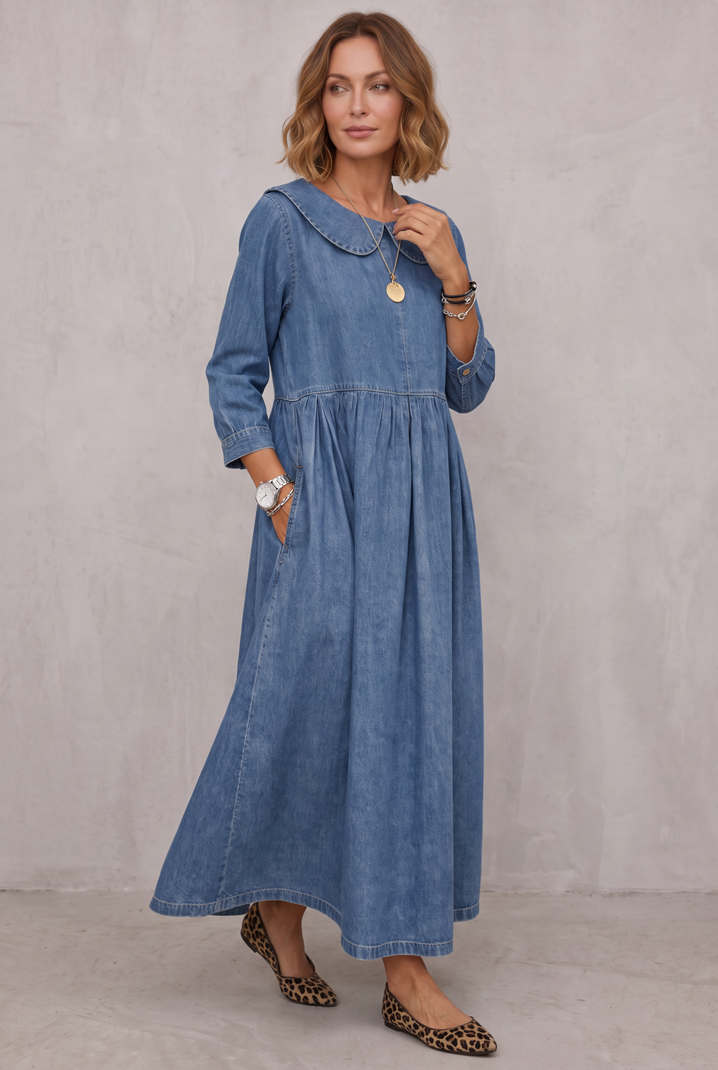 Denim Dress with Peter Pan Collar for Women