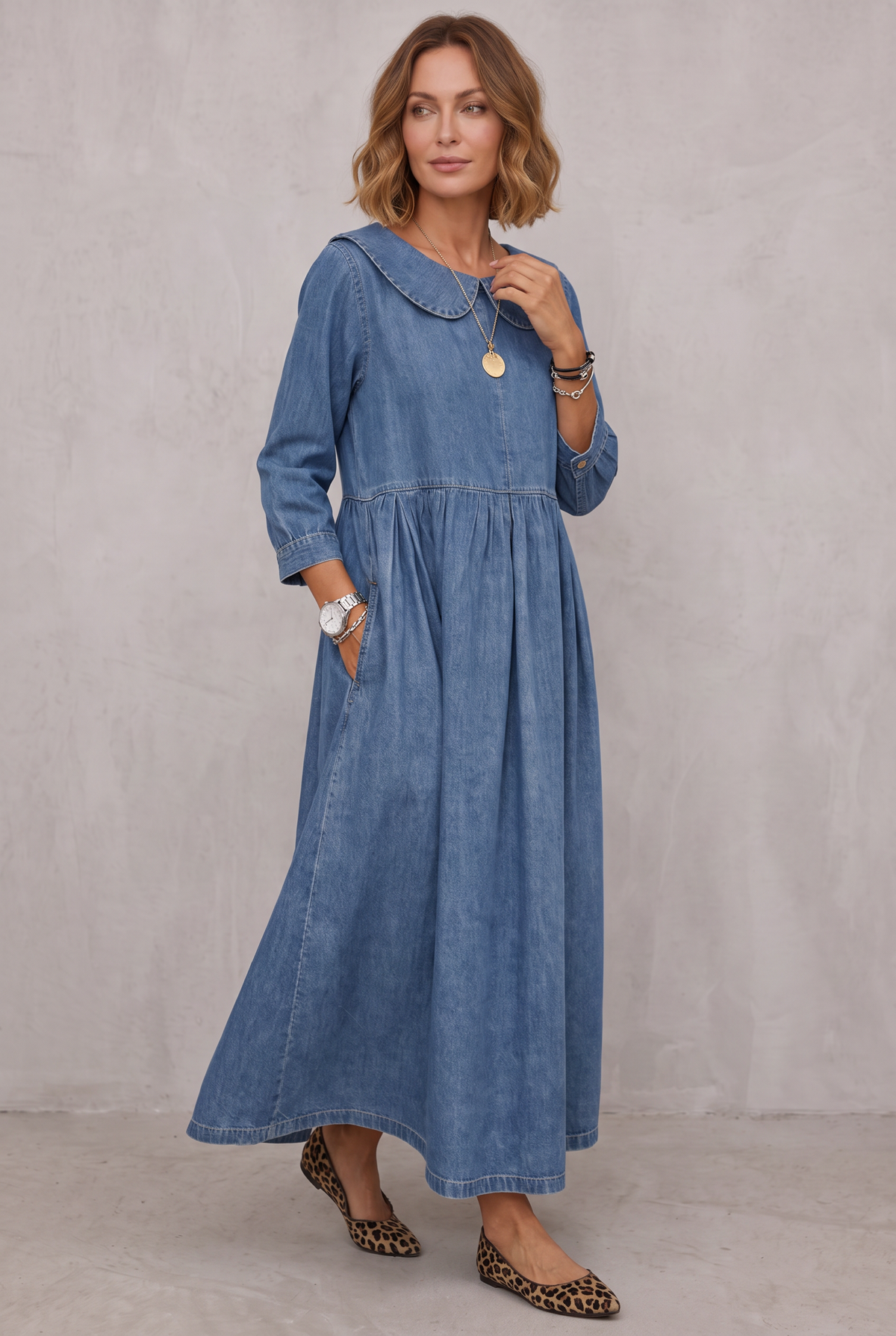 Denim Dress with Peter Pan Collar for Women