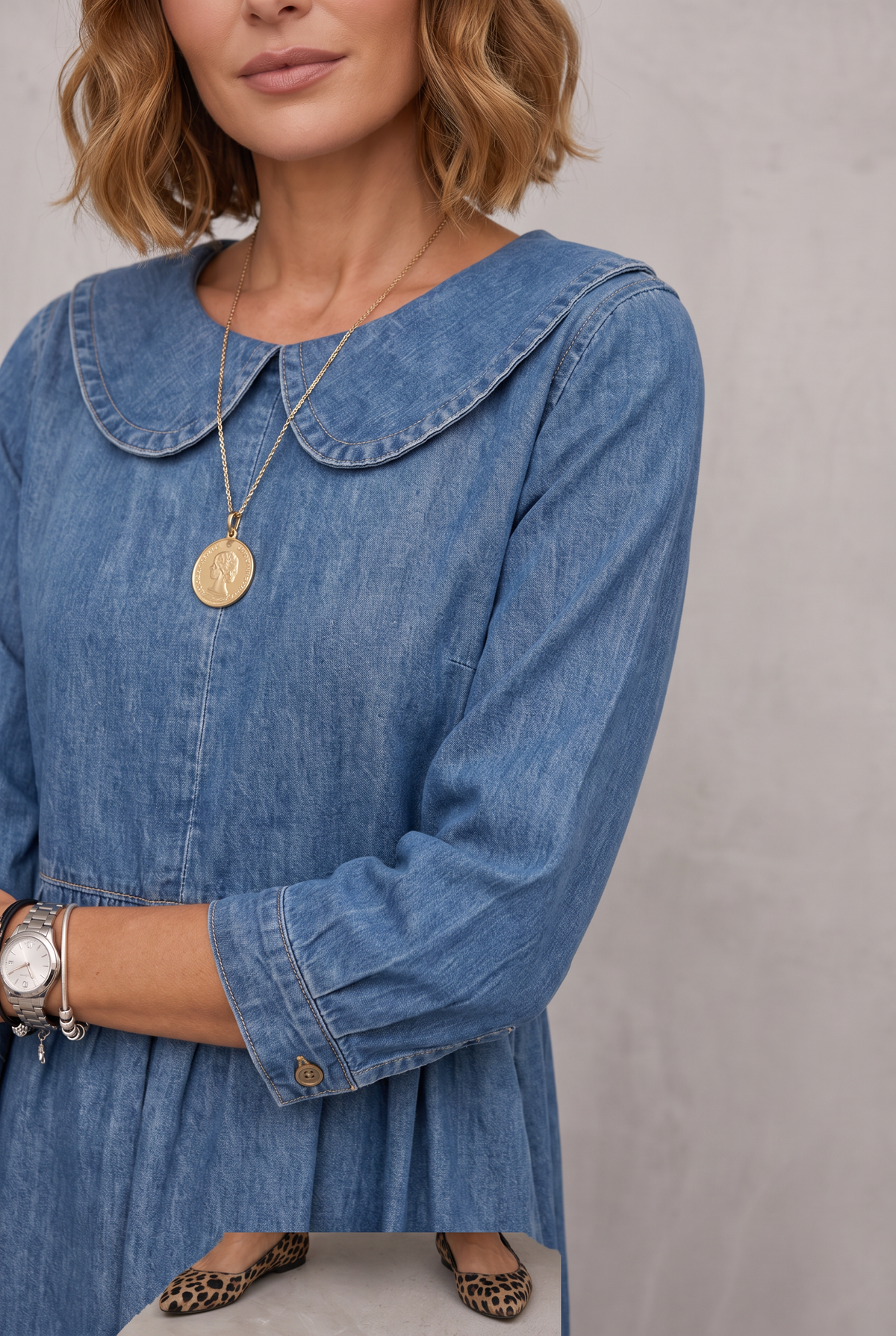 Denim Dress with Peter Pan Collar for Women