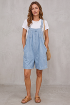 Denim Short Overalls Women Vintage Washed Light Blue Cotton