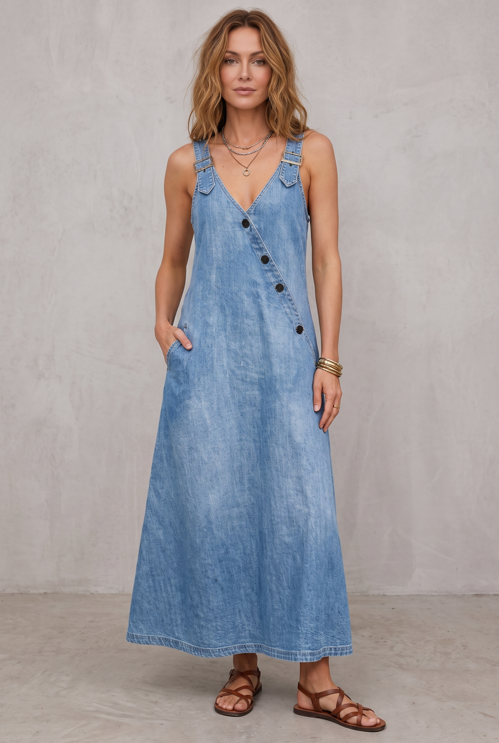 Long Denim Shirt Dress with Button Front for Women