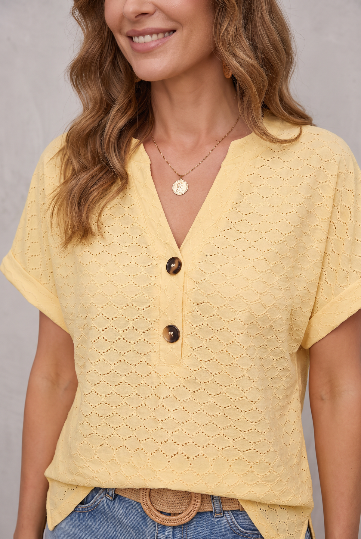Women's Blouse - Light and Breathable - V-neck - Short Rolled Sleeves - Relaxed Fit