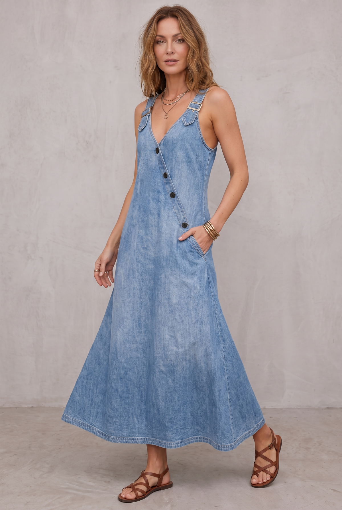 Long Denim Shirt Dress with Button Front for Women