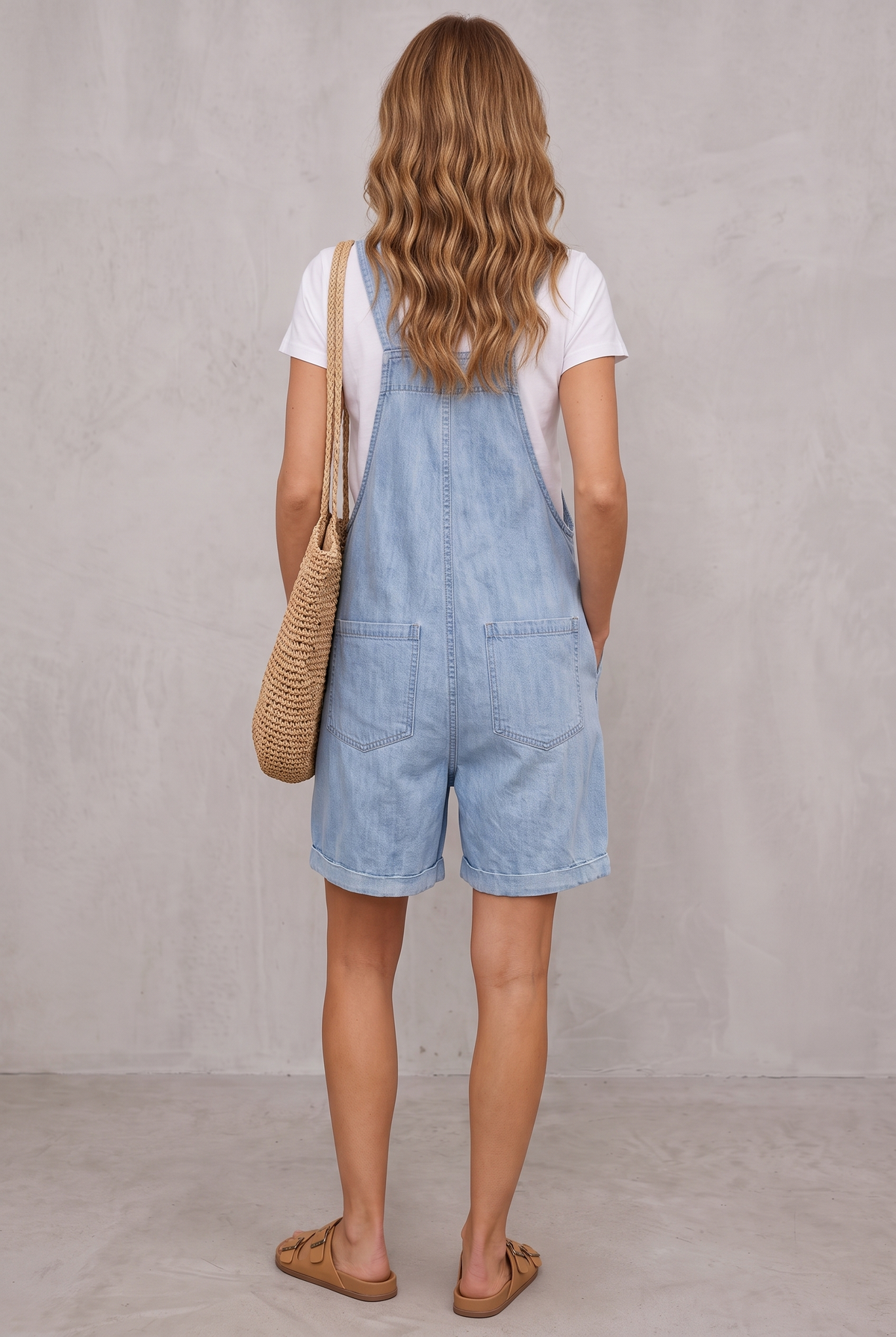Denim Short Overalls Women Vintage Washed Light Blue Cotton