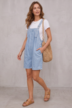 Denim Short Overalls Women Vintage Washed Light Blue Cotton