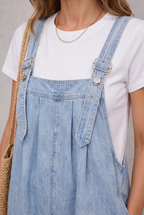 Denim Short Overalls Women Vintage Washed Light Blue Cotton