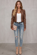 Effortless Leather Jacket for Women with Puff Sleeve Open Front Cropped Style