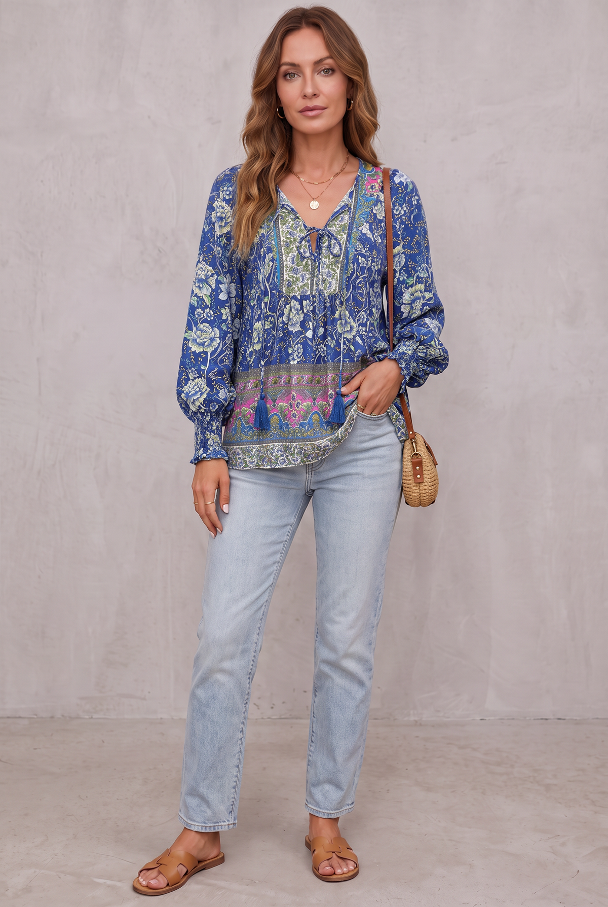 Bohemian Blouse with Flowers - Blue