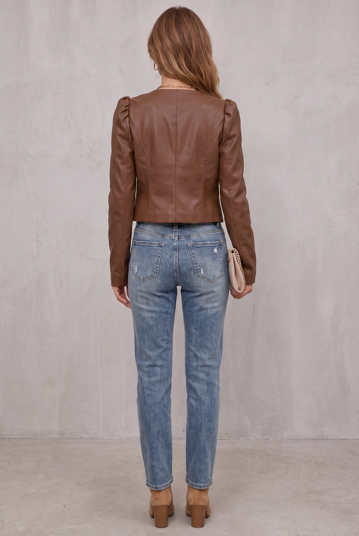 Effortless Leather Jacket for Women with Puff Sleeve Open Front Cropped Style