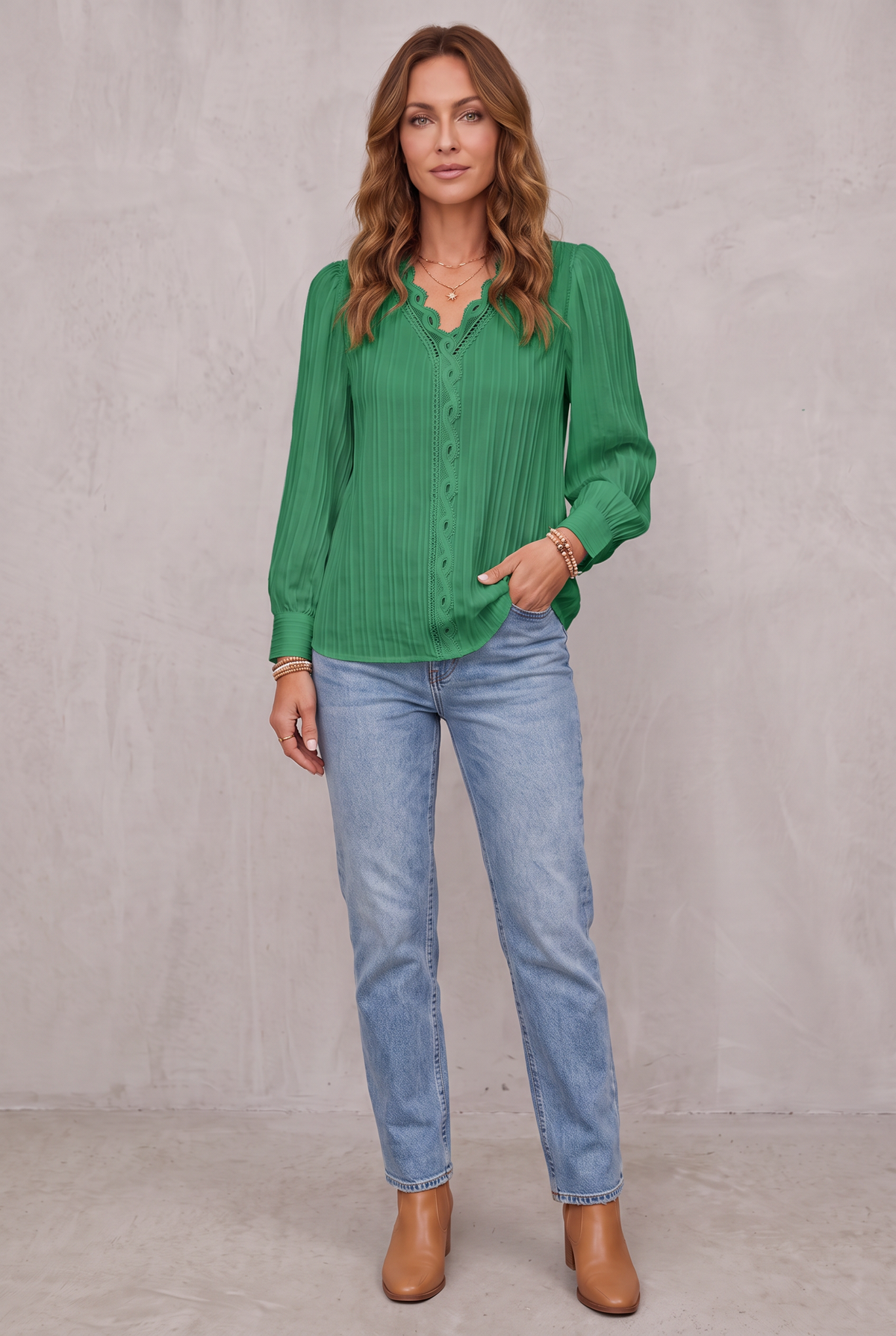 Women's Blouse - Pleated Comfortable Fit - Green