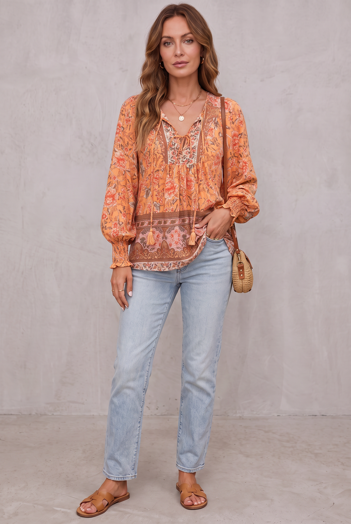 Bohemian Blouse with Flowers - Orange