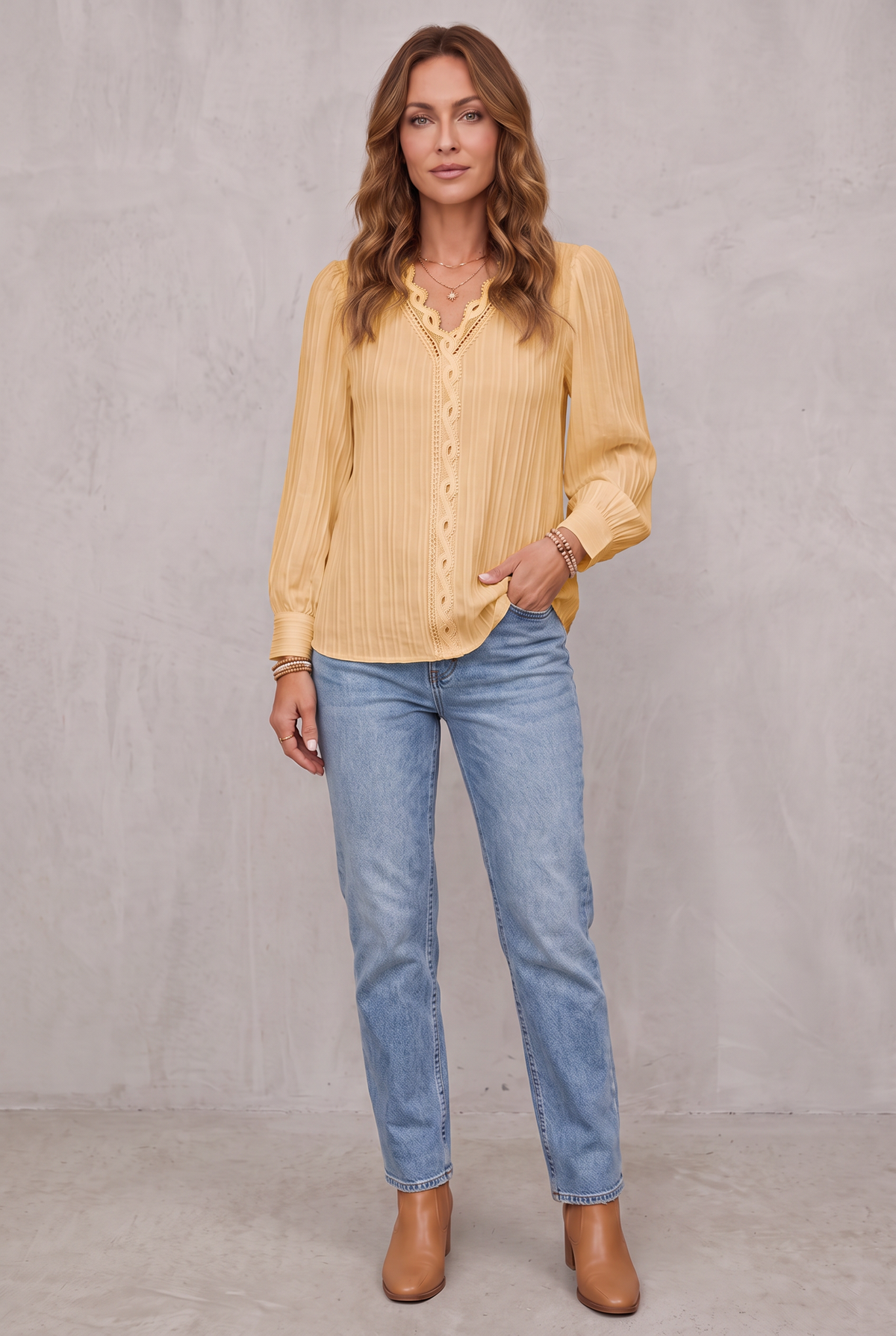 Women's Blouse - Pleated Comfortable Fit - Yellow