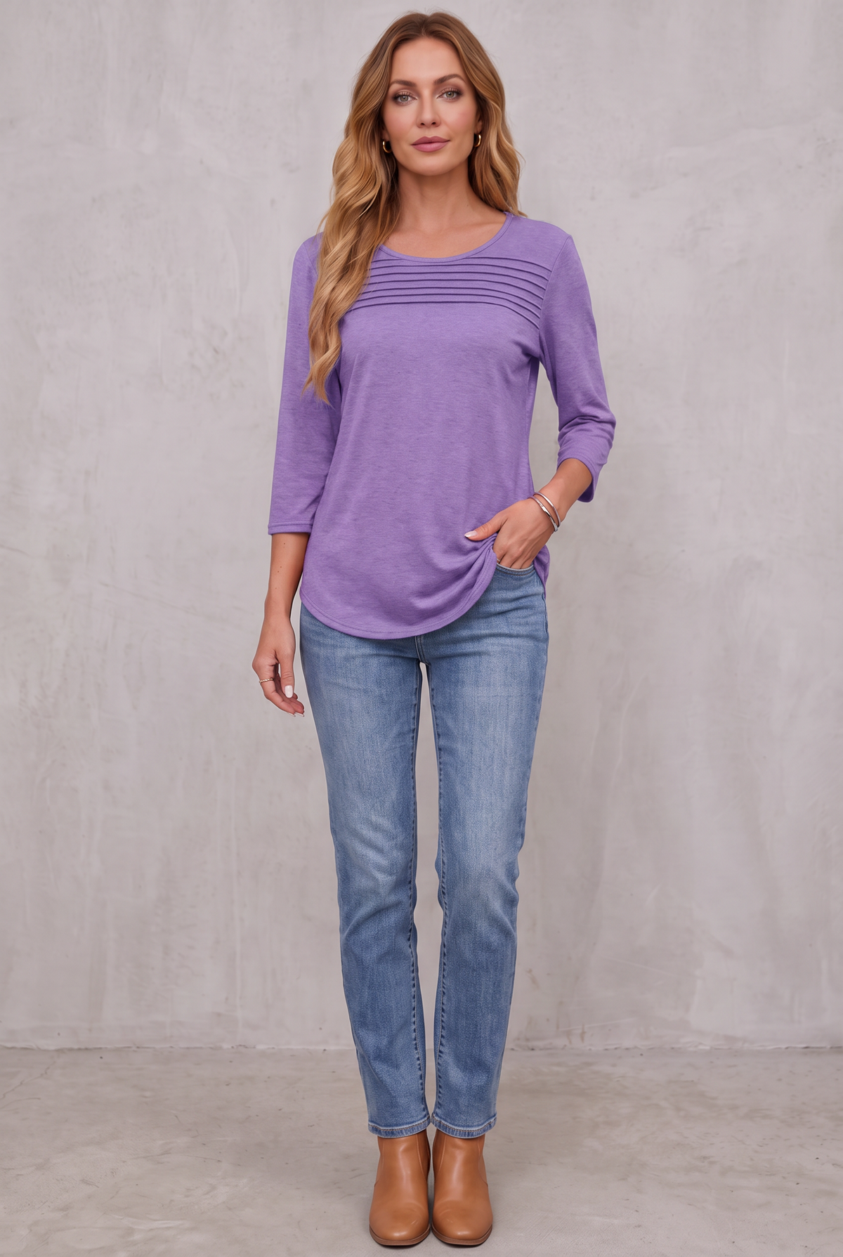 Pleated 3/4 Sleeve Top - Purple