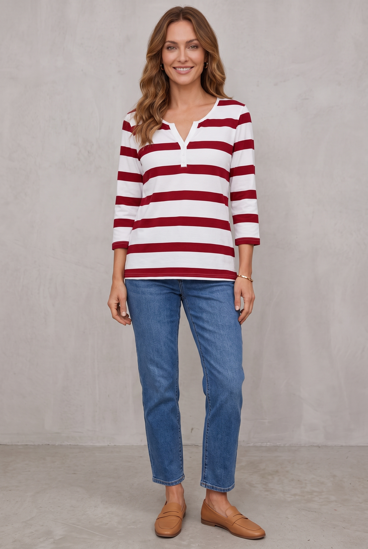 Striped V-Neck Top With ¾ Sleeves For Women