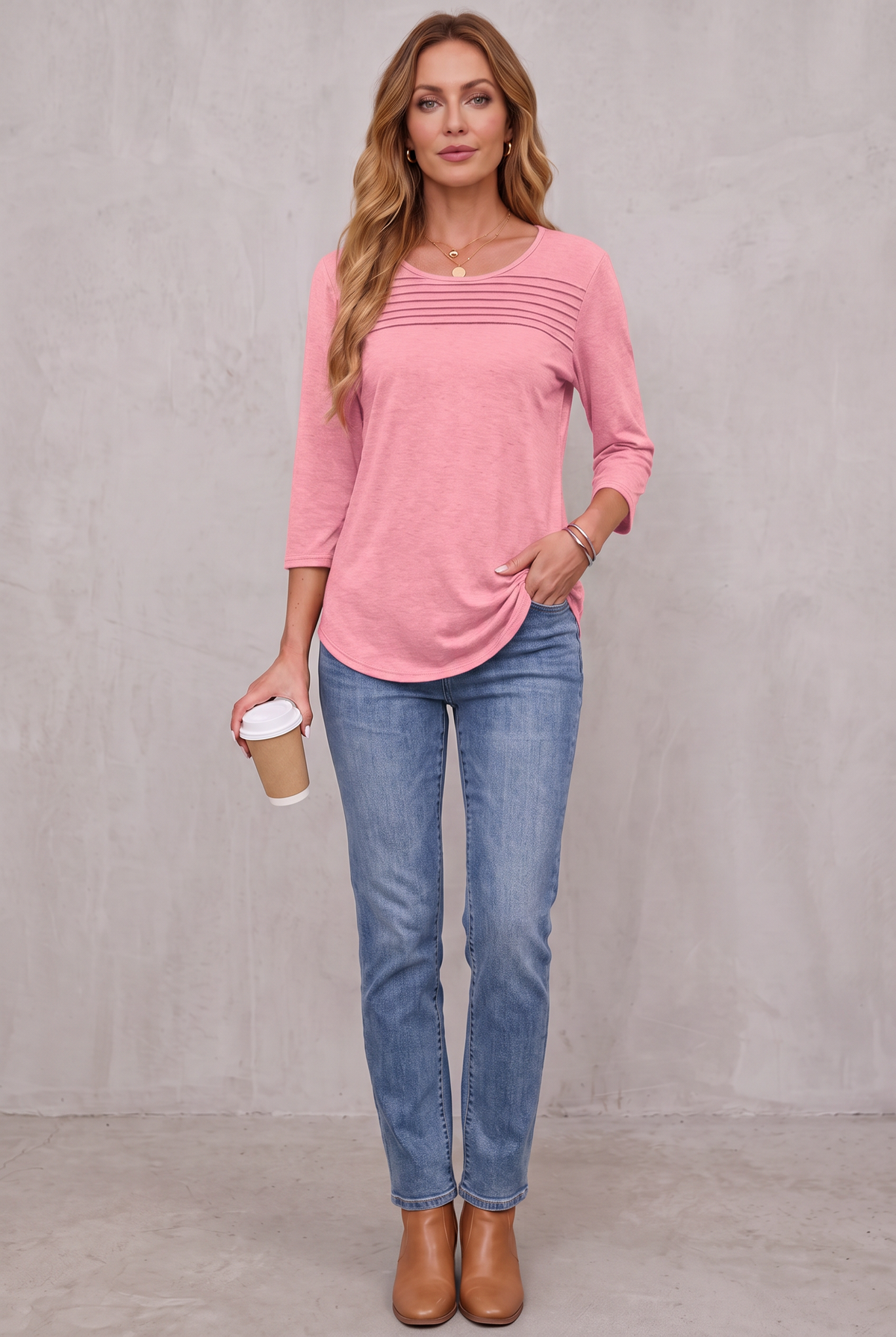 Pleated 3/4 Sleeve Top - Light pink