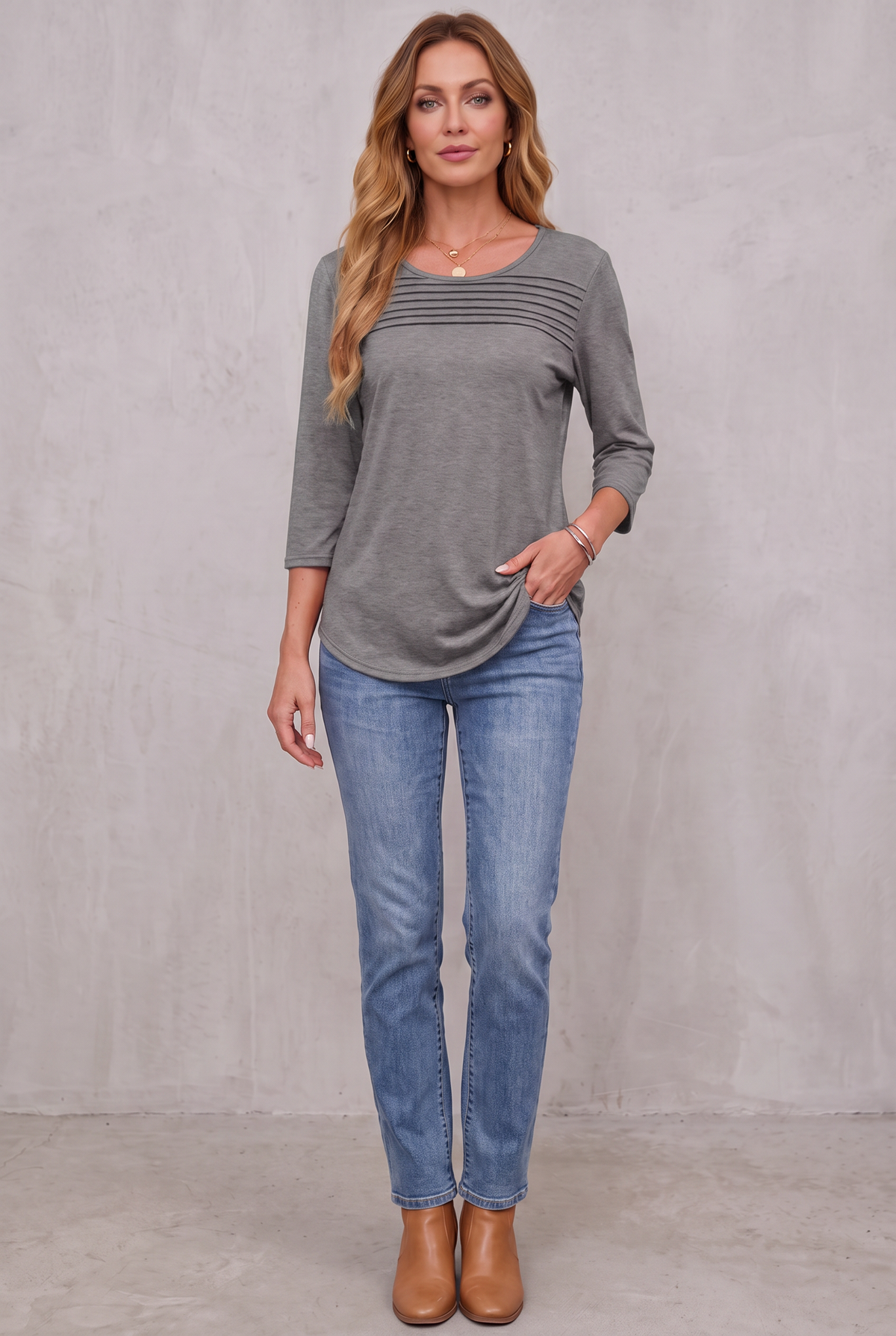 Pleated 3/4 Sleeve Top - Gray