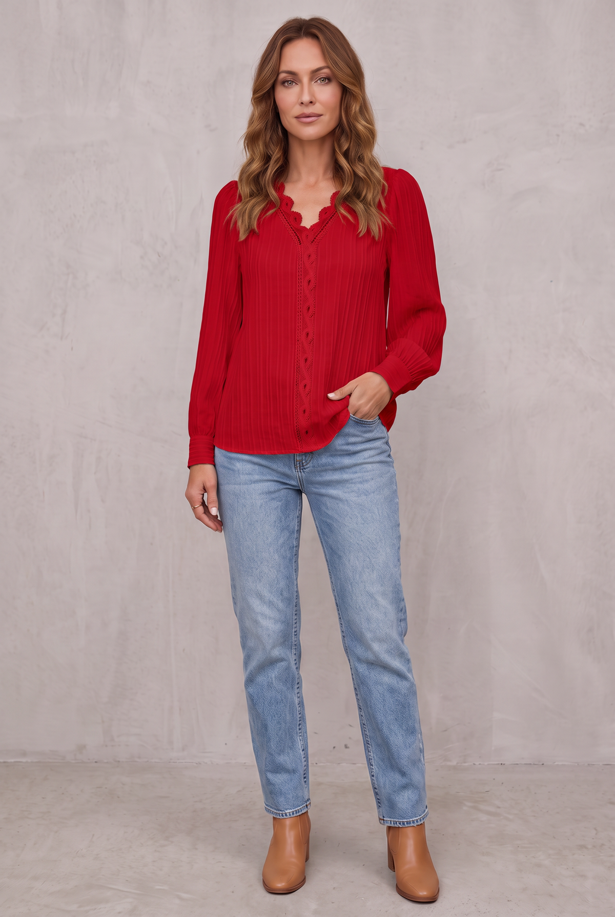 Women's Blouse - Pleated Comfortable Fit - Red