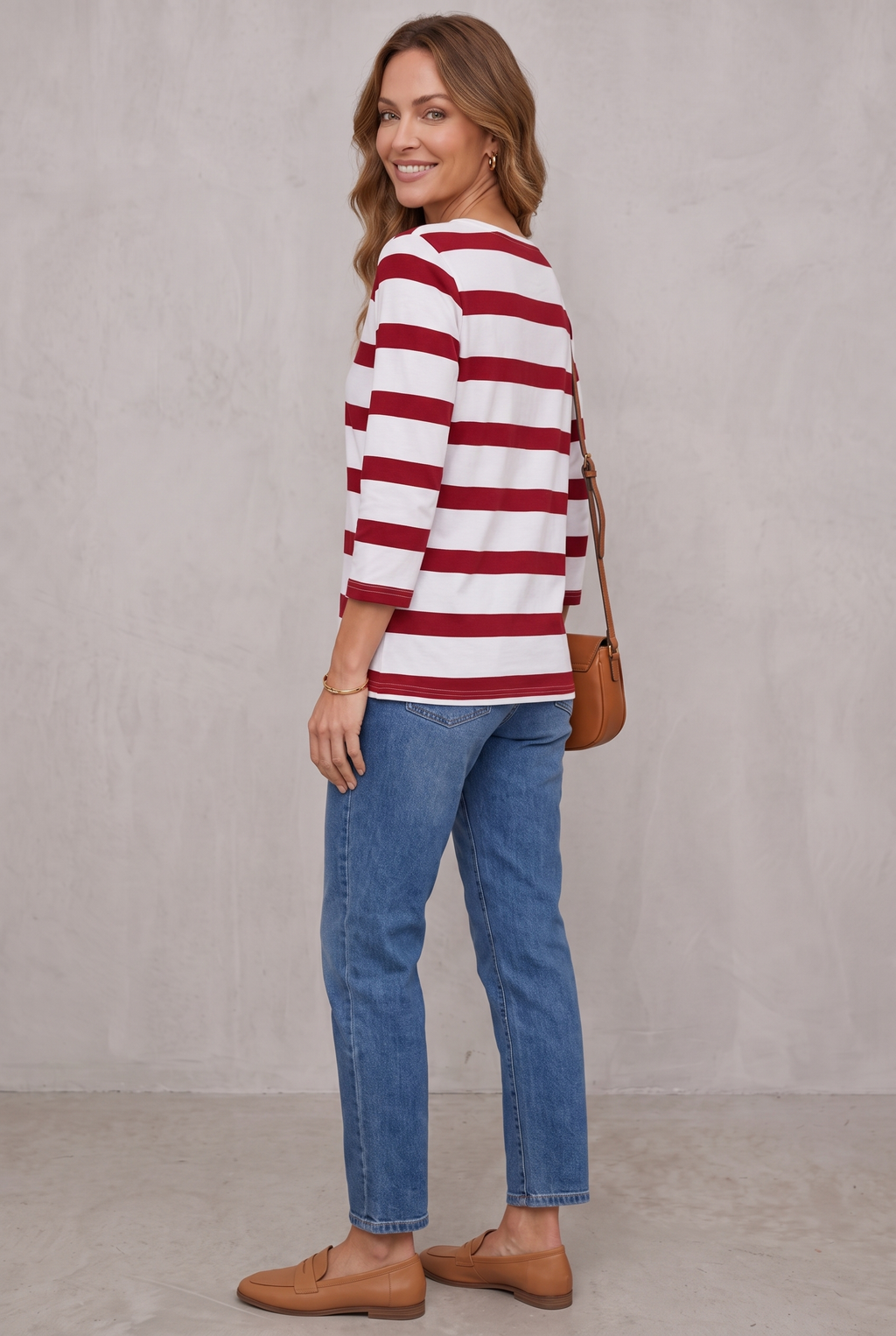 Striped V-Neck Top With ¾ Sleeves For Women