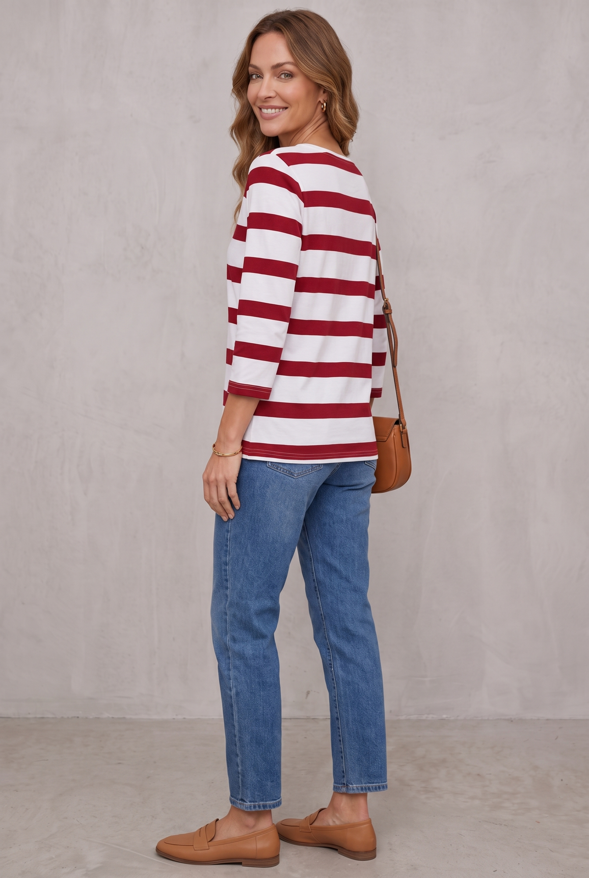 Striped V-Neck Top With ¾ Sleeves For Women
