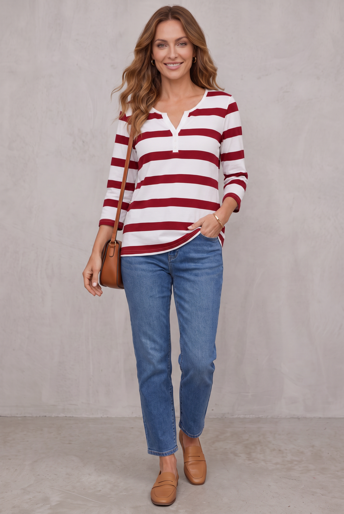 Striped V-Neck Top With ¾ Sleeves For Women