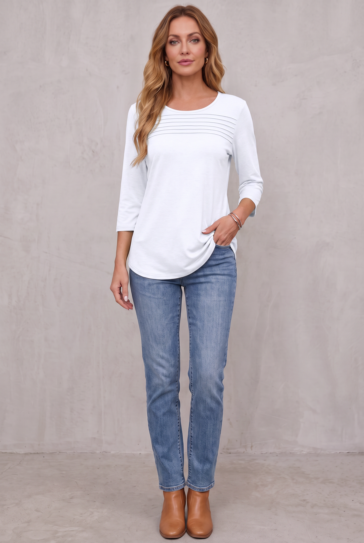 Pleated 3/4 Sleeve Top - White