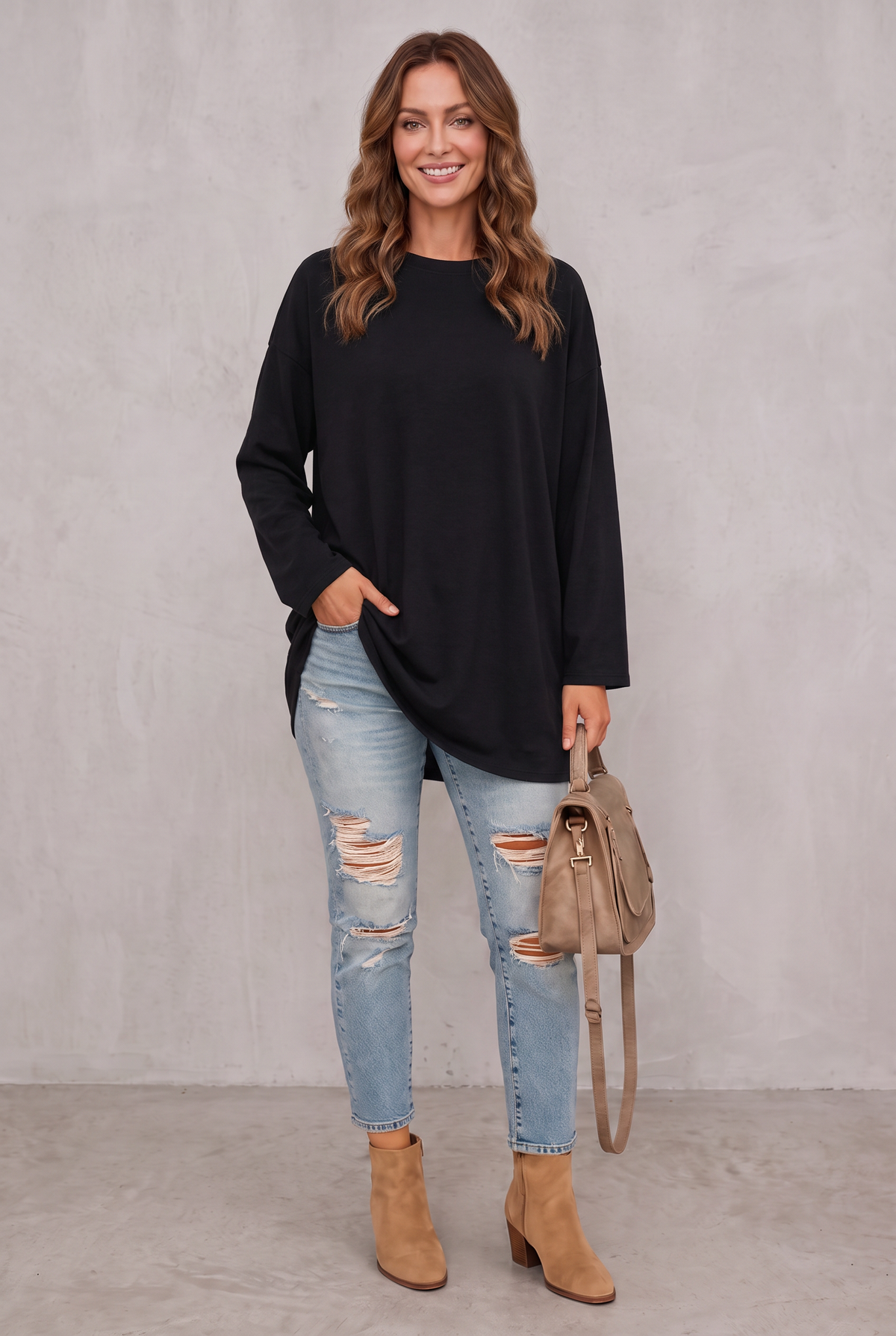 Relaxed Long Sleeve Tunic Top For Women - Black