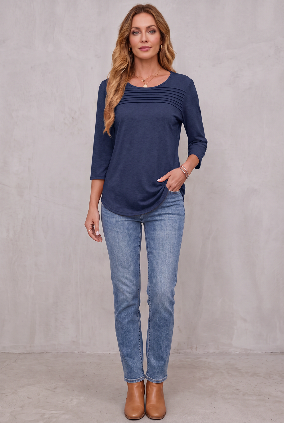 Pleated 3/4 Sleeve Top - Dark Blue