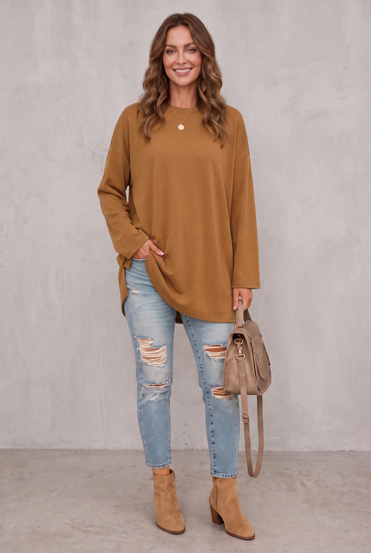 Relaxed Long Sleeve Tunic Top For Women - Brown