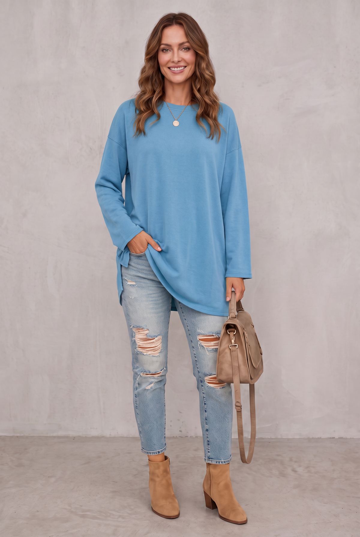 Relaxed Long Sleeve Tunic Top For Women - Blue