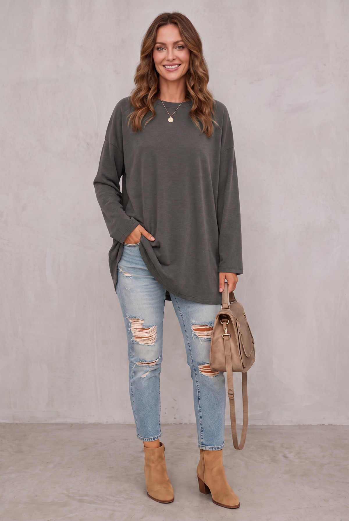 Relaxed Long Sleeve Tunic Top For Women - Dark Gray