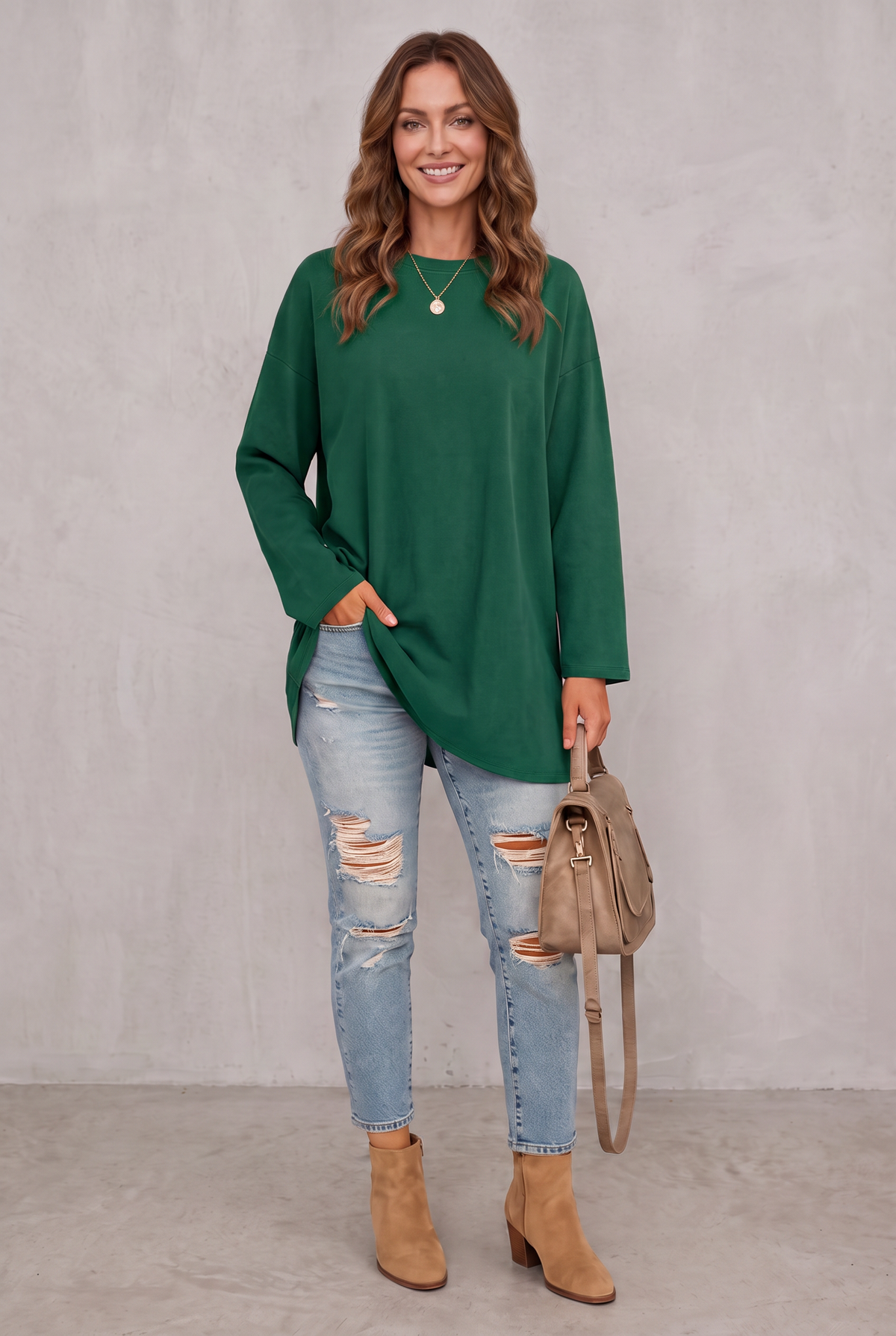 Relaxed Long Sleeve Tunic Top For Women - Green