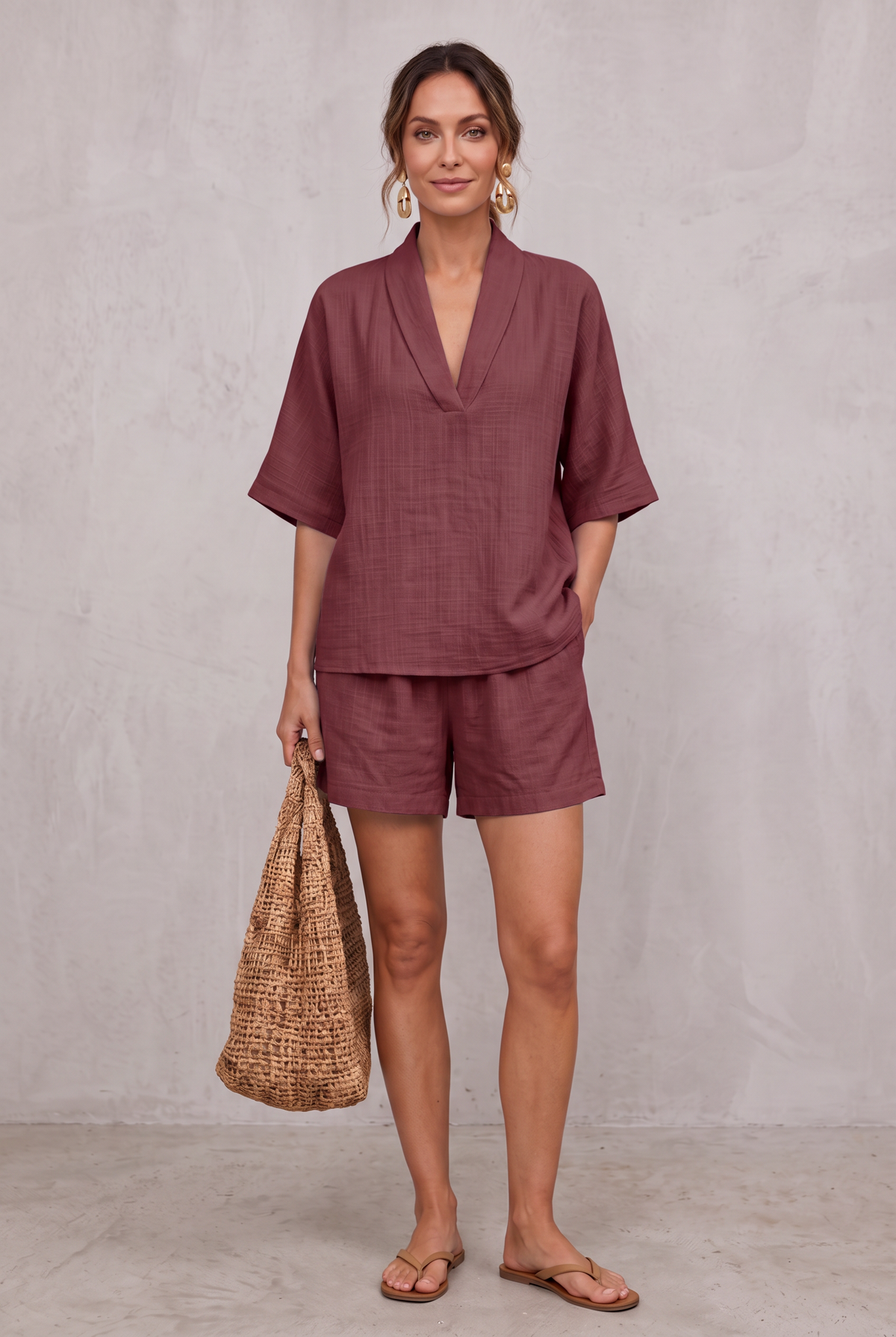 Linen Look Two-Piece Shorts Set For Women - Wine Red