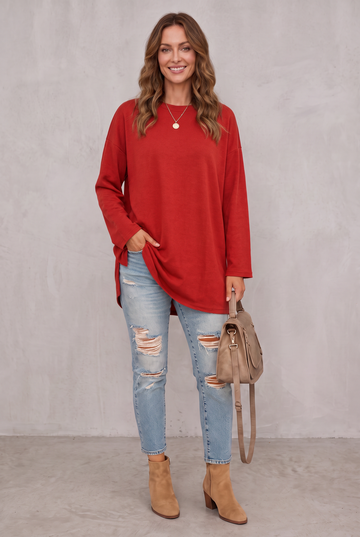Relaxed Long Sleeve Tunic Top For Women - Red